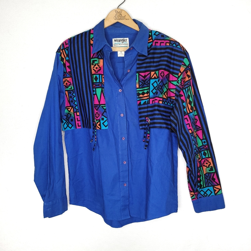Wrangler Bright Blue Button-Down Shirt with Neon Geometric Print